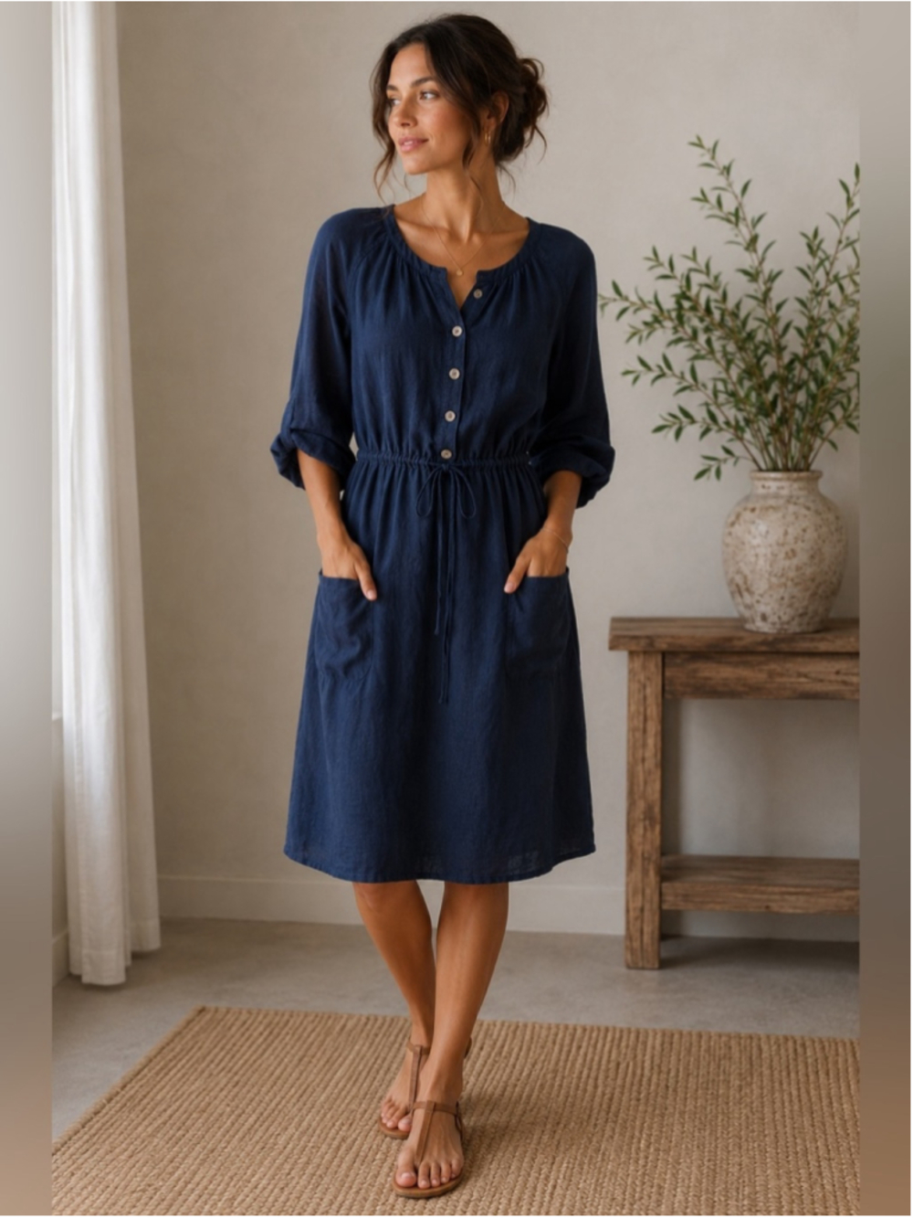 per una Navy Button-Front Midi Linen Dress with Drawstring Waist Size S or M